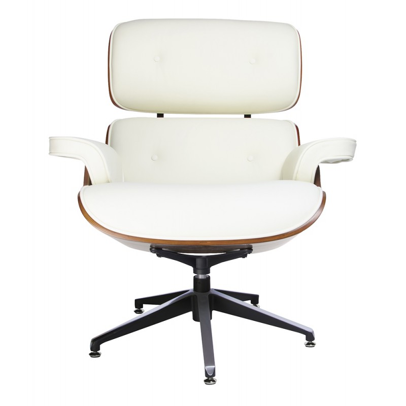 Fotel LOUNGE biały, sklejka orzech - skóra naturalna