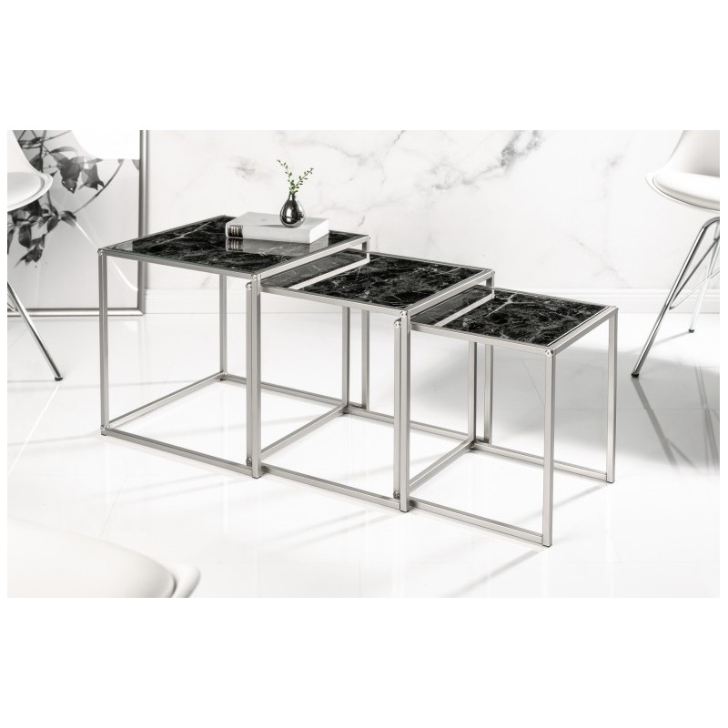 INVICTA zestaw stolików ELEMENTS 3 czarne szkło - imitacja marmuru