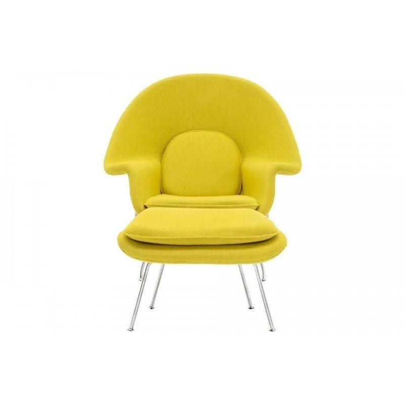 Fotel COZY z podnóżkiem, musztardowy.21 - wełna kaszmirowa, stal polerowana