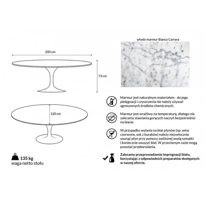 Stół TULIP ELLIPSE MARBLE CARRARA biały - blat...