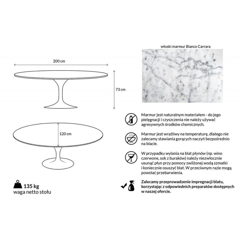 Stół TULIP ELLIPSE MARBLE CARRARA biały - blat owalny marmurowy, metal