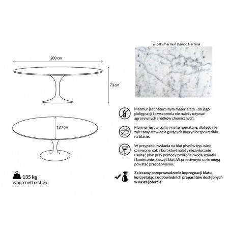 Stół TULIP ELLIPSE MARBLE CARRARA biały - blat owalny marmurowy, metal
