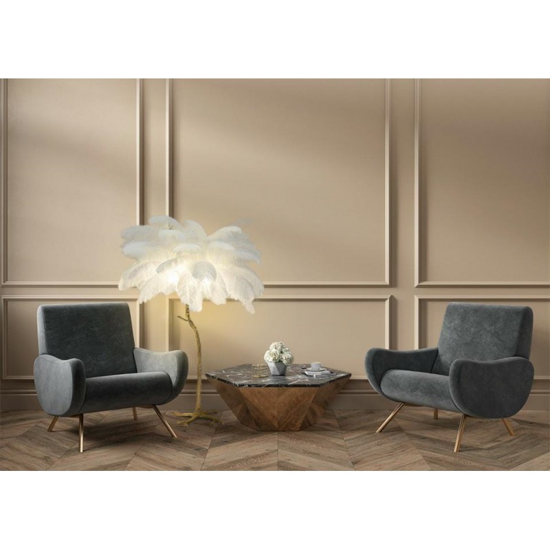 Lampa podłogowa TIFFANY 175 biała  mosiądz / naturalne pióra