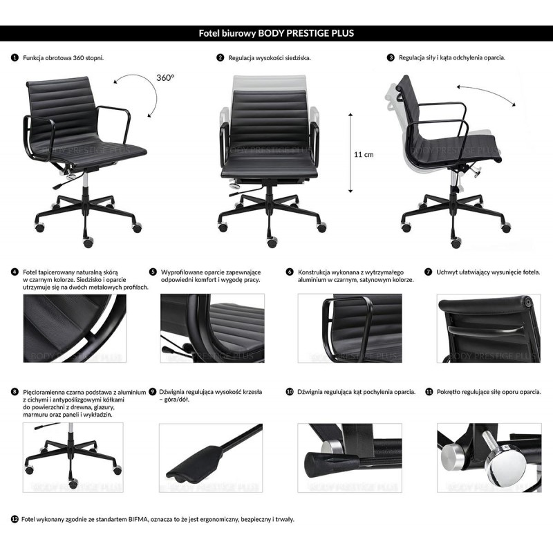 Fotel Biurowy Body Prestige Plus Czarny  - Skóra Naturalna, Aluminium