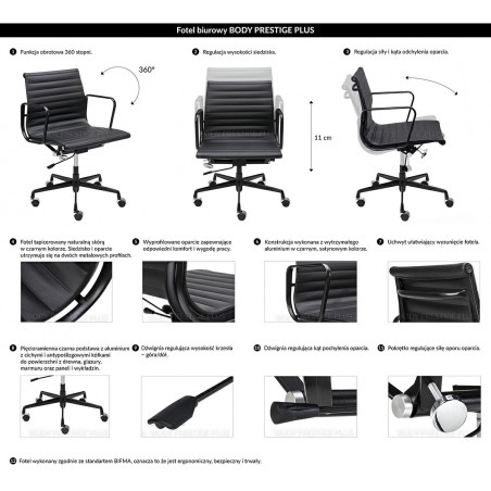 Fotel Biurowy Body Prestige Plus Czarny  - Skóra Naturalna, Aluminium