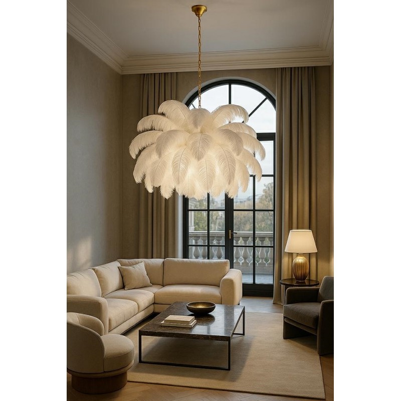 Moosee Lampa Wisząca Tiffany 135 Biała    Mosiądz / Naturalne Pióra