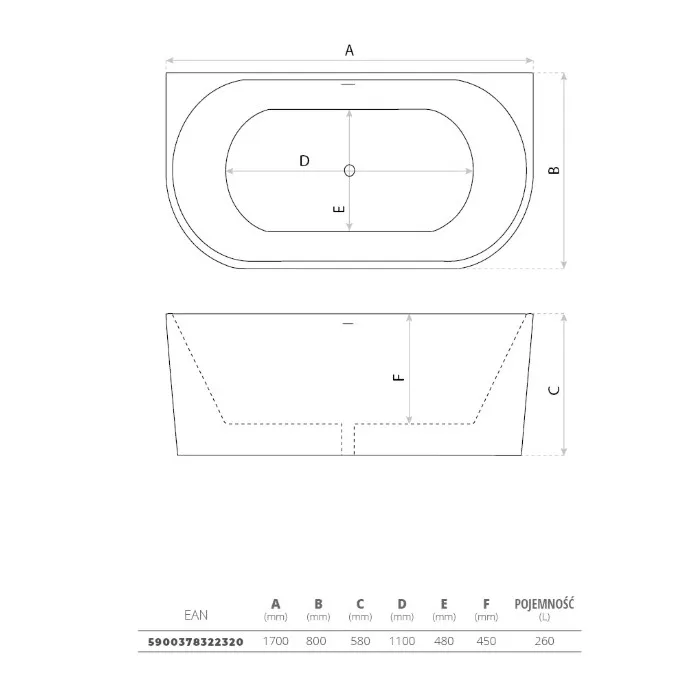Lavita Caldera Wanna Przyścienna 170x80...