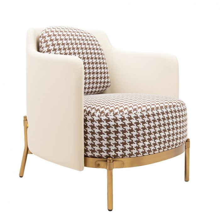 Fotel Venice Tkanina Pepitka              Biało-Brązowa - Złota Podstawa, Beżowa Ekoskóra