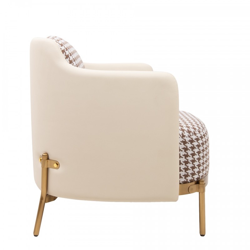 Fotel Venice Tkanina Pepitka              Biało-Brązowa - Złota Podstawa, Beżowa Ekoskóra