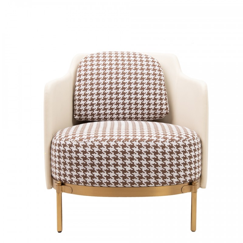 Fotel Venice Tkanina Pepitka              Biało-Brązowa - Złota Podstawa, Beżowa Ekoskóra