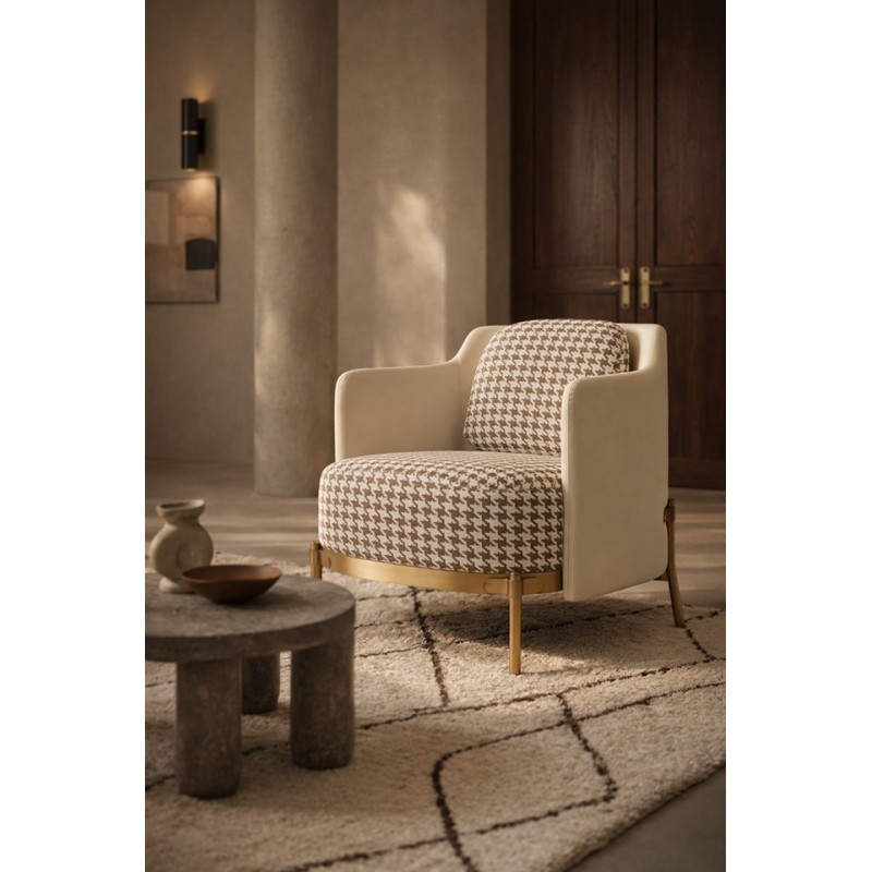 Fotel Venice Tkanina Pepitka              Biało-Brązowa - Złota Podstawa, Beżowa Ekoskóra