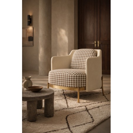 Fotel Venice Tkanina Pepitka              Biało-Brązowa - Złota Podstawa, Beżowa Ekoskóra