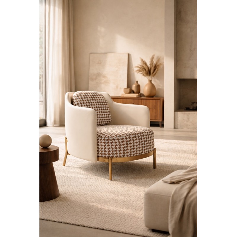 Fotel Venice Tkanina Pepitka              Biało-Brązowa - Złota Podstawa, Beżowa Ekoskóra