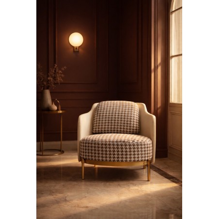 Fotel Venice Tkanina Pepitka              Biało-Brązowa - Złota Podstawa, Beżowa Ekoskóra