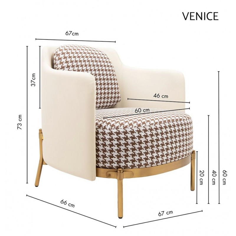 Fotel Venice Tkanina Pepitka              Biało-Brązowa - Złota Podstawa, Beżowa Ekoskóra