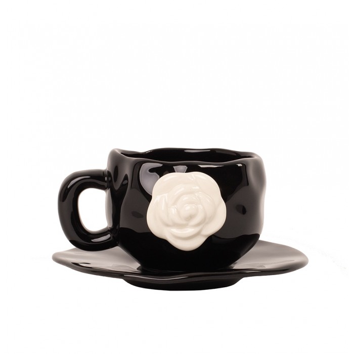 Filiżanka Ze Spodkiem Shp Biała Róża      Coco Czarna