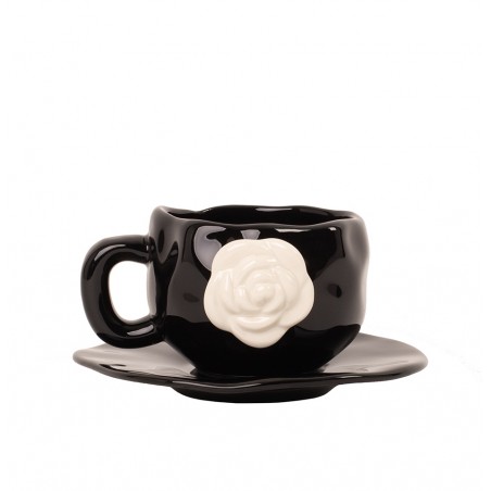 Filiżanka Ze Spodkiem Shp Biała Róża      Coco Czarna