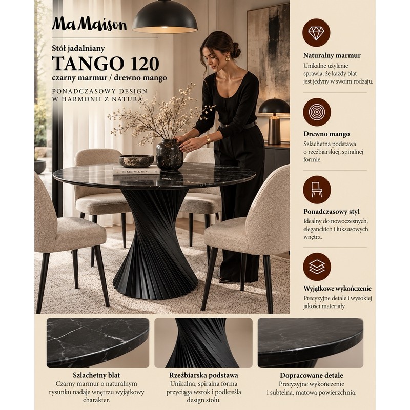 Mamaison Stół Jadalniany Tango 120        Czarny Marmur / Drewno Mango