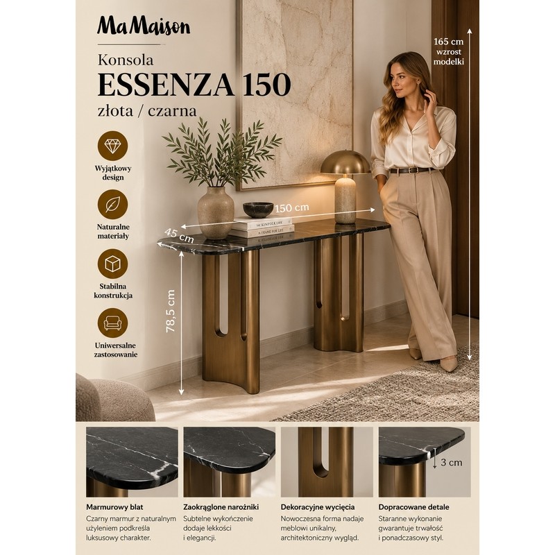 Mamaison Konsola Essenza 150 Złota /      Czarna