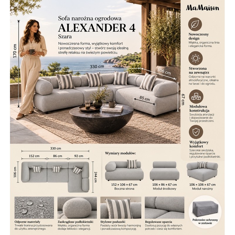 Mamaison Sofa Narożna Ogrodowa Alexander  4 Szara (Poduszki I Pokrowiec W Zestawie)