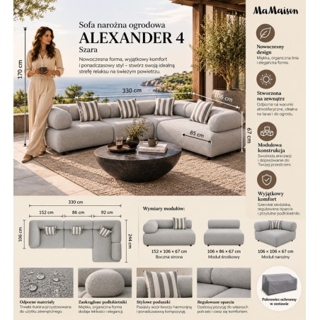 Mamaison Sofa Narożna Ogrodowa Alexander  4 Szara (Poduszki I Pokrowiec W Zestawie)