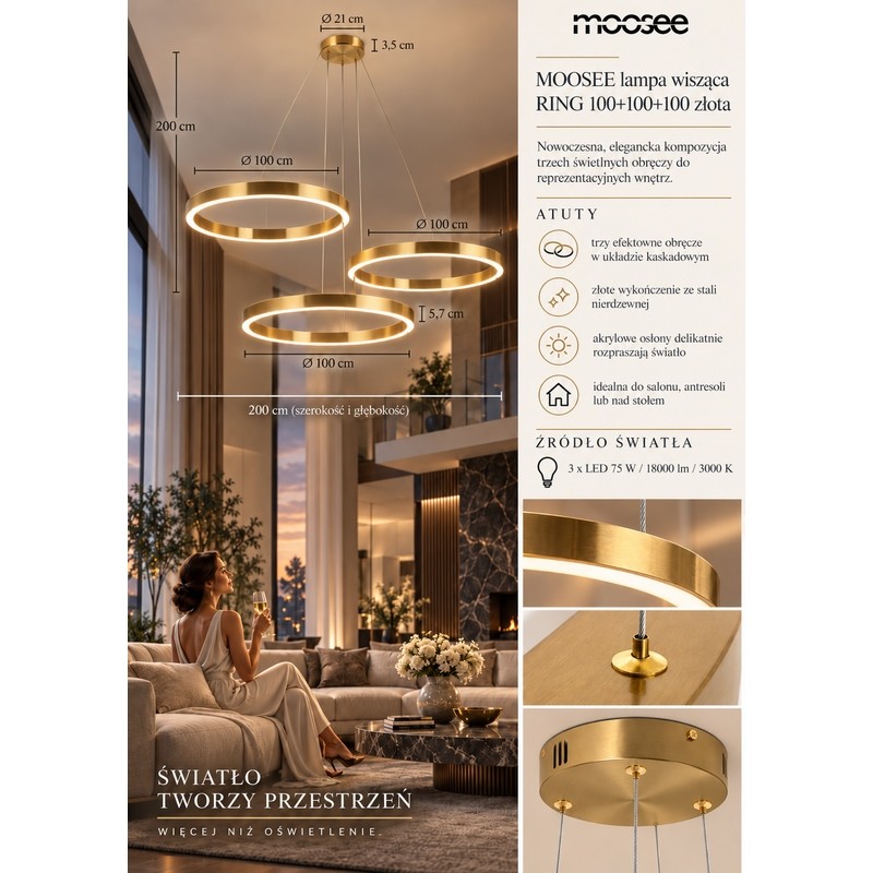 Lampa wisząca RING 100 + 100 + 100 złota na jednej podsufitce
