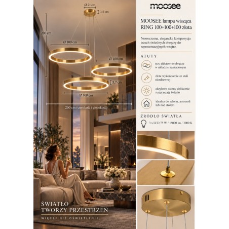 Lampa wisząca RING 100 + 100 + 100 złota na jednej podsufitce