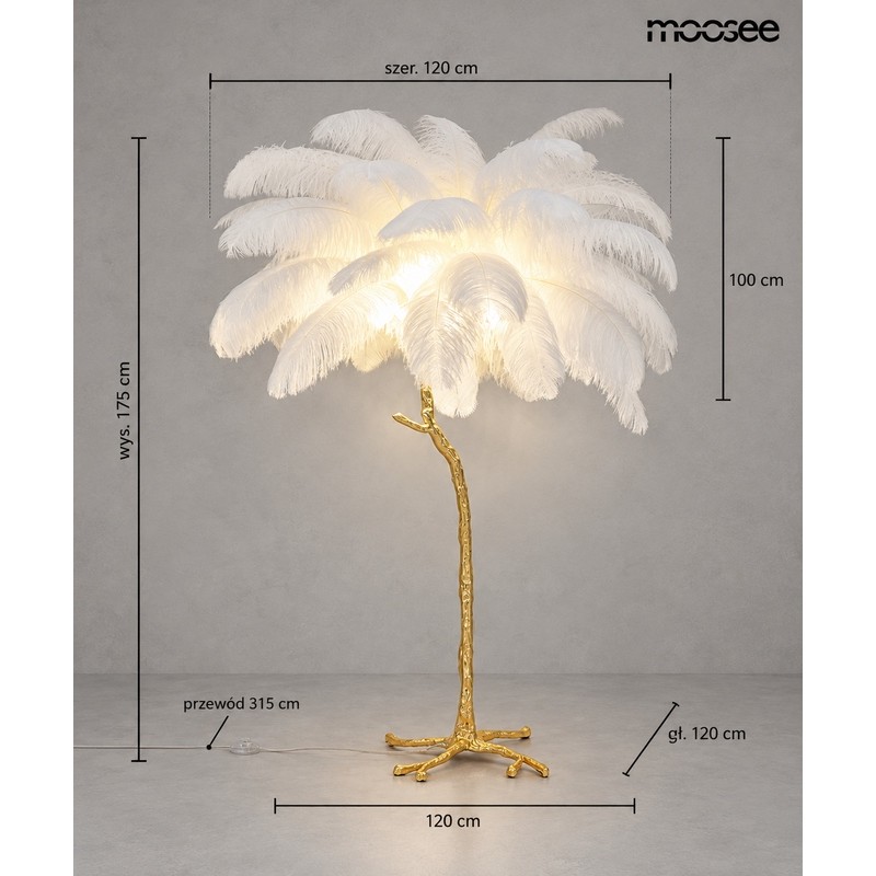Lampa podłogowa TIFFANY 175 biała  mosiądz / naturalne pióra
