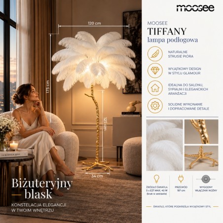 Lampa podłogowa TIFFANY 175 biała  mosiądz / naturalne pióra