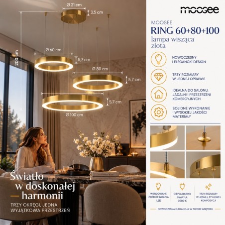 Lampa wisząca RING 60 + 80 + 100 złota na jednej podsufitce