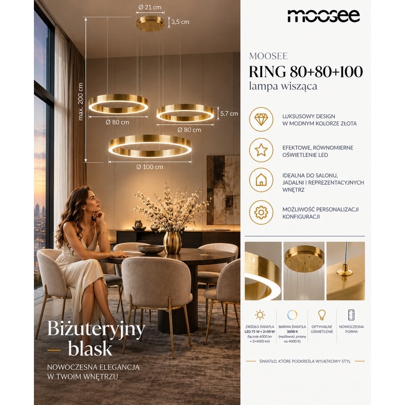 Lampa wisząca RING 80 + 80 + 100 złota na jednej podsufitce