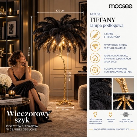 Lampa podłogowa TIFFANY 175 czarna  mosiądz / naturalne pióra