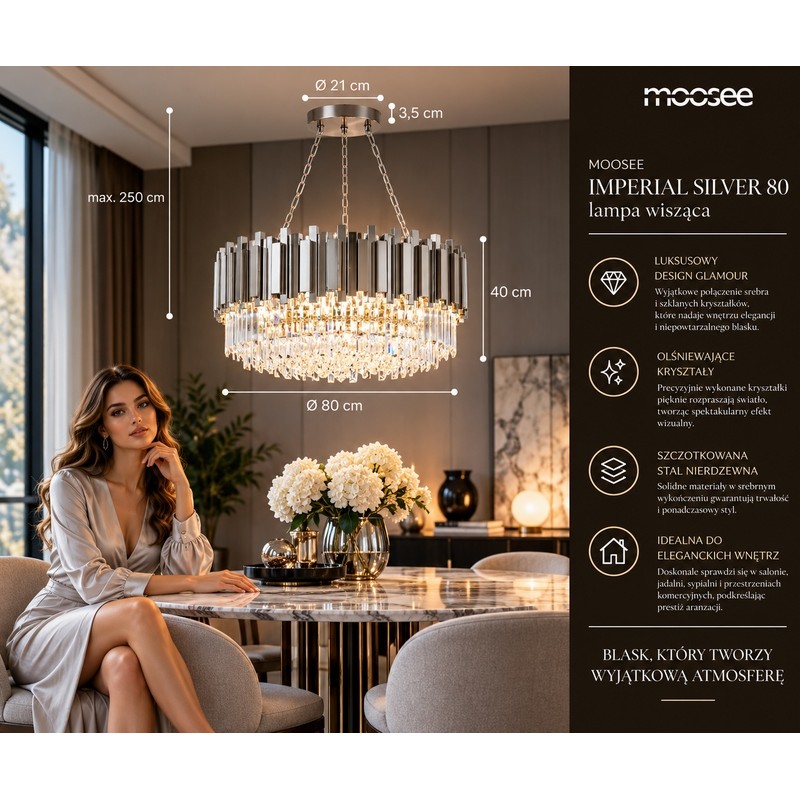 Lampa wisząca IMPERIAL SILVER 80 - stal, kryształ