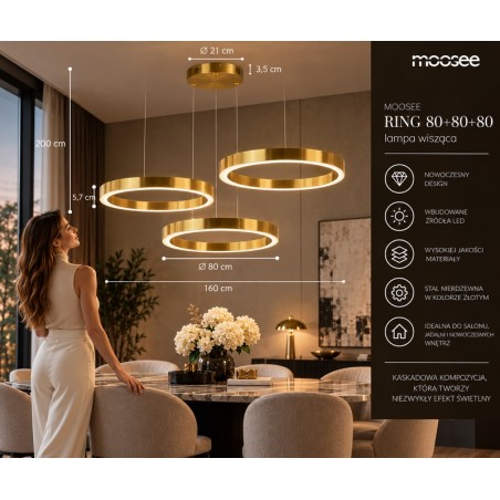 Lampa wisząca RING 80 + 80 + 80 złota na jednej podsufitce