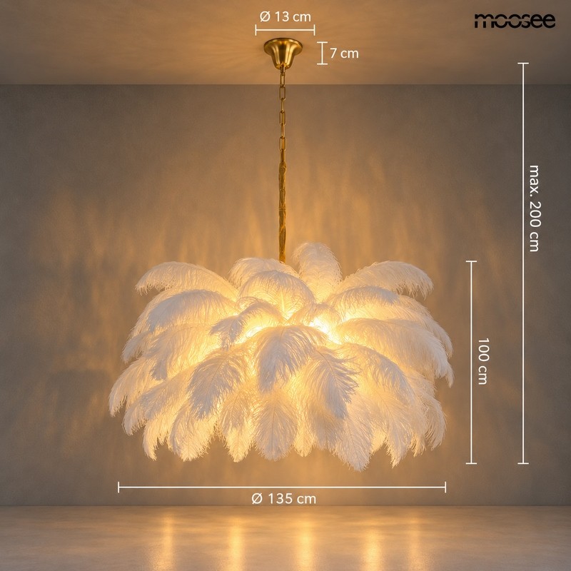 Moosee Lampa Wisząca Tiffany 135 Biała    Mosiądz / Naturalne Pióra