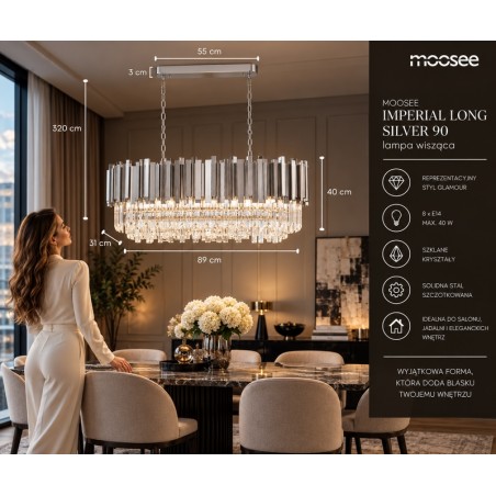 Lampa wisząca IMPERIAL LONG SILVER 90 - stal, kryształ