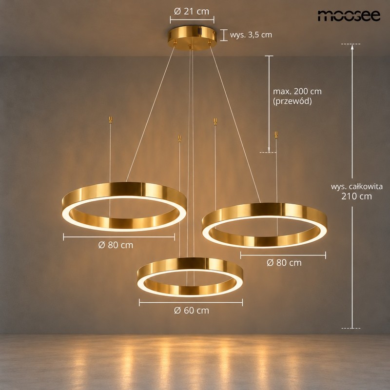 Lampa wisząca RING 60 + 80 + 80 złota na jednej podsufitce