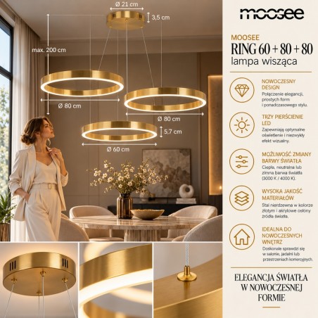 Lampa wisząca RING 60 + 80 + 80 złota na jednej podsufitce