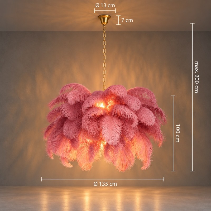 Lampa wisząca TIFFANY 135 różowa mosiądz / naturalne pióra