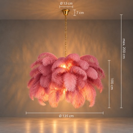 Lampa wisząca TIFFANY 135 różowa mosiądz / naturalne pióra