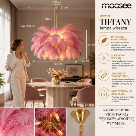 Lampa wisząca TIFFANY 135 różowa mosiądz / naturalne pióra
